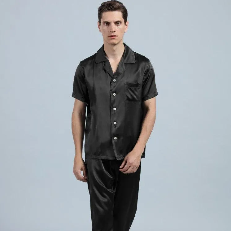 100% Silk Short Sleeve Pajamas Set Short Silk Nightwear For Men