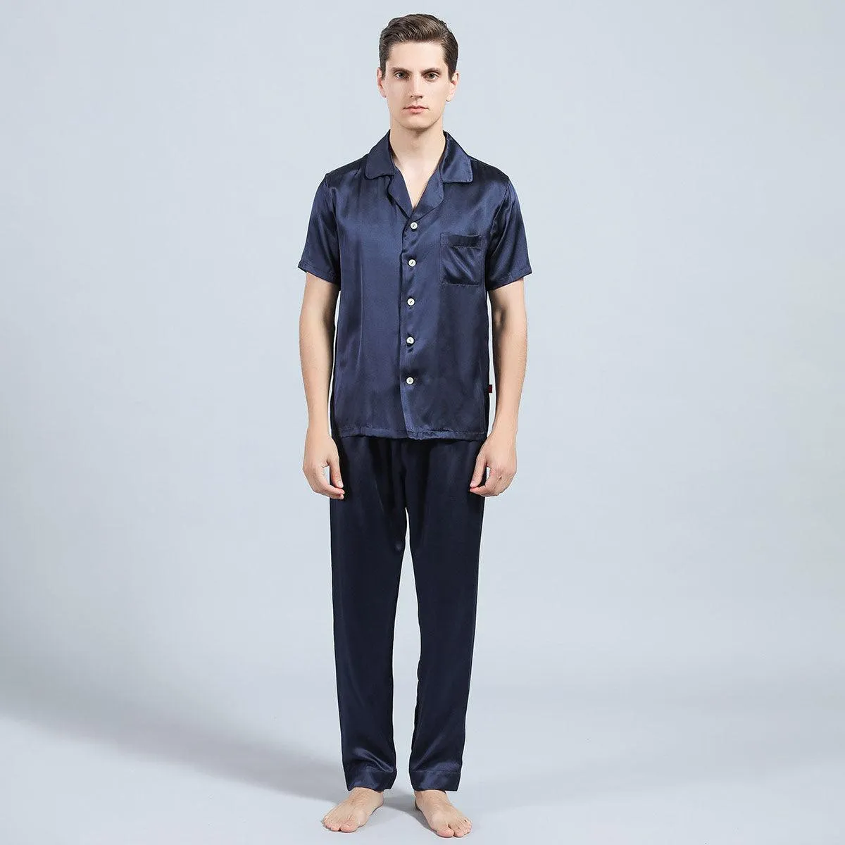 100% Silk Short Sleeve Pajamas Set Short Silk Nightwear For Men