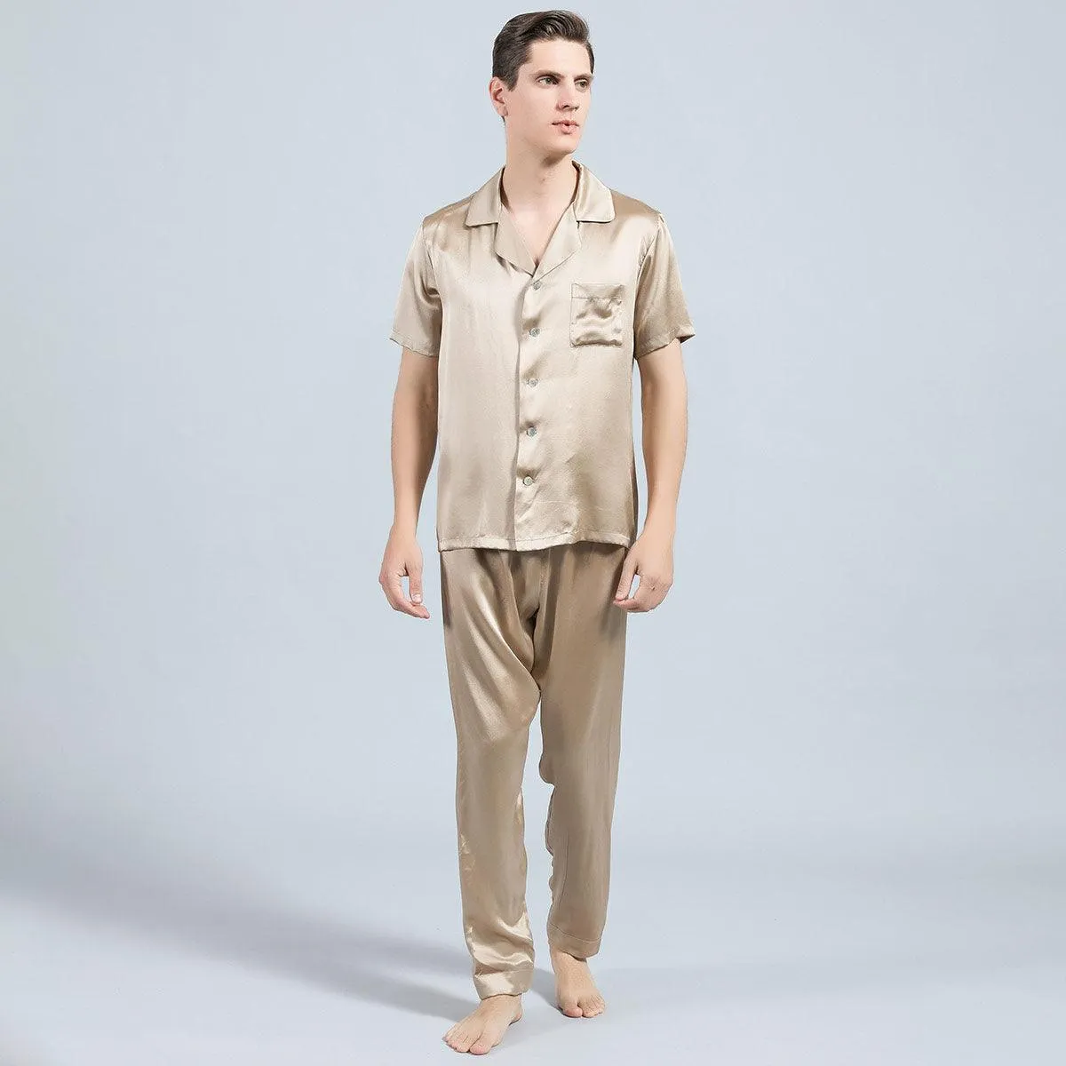 100% Silk Short Sleeve Pajamas Set Short Silk Nightwear For Men
