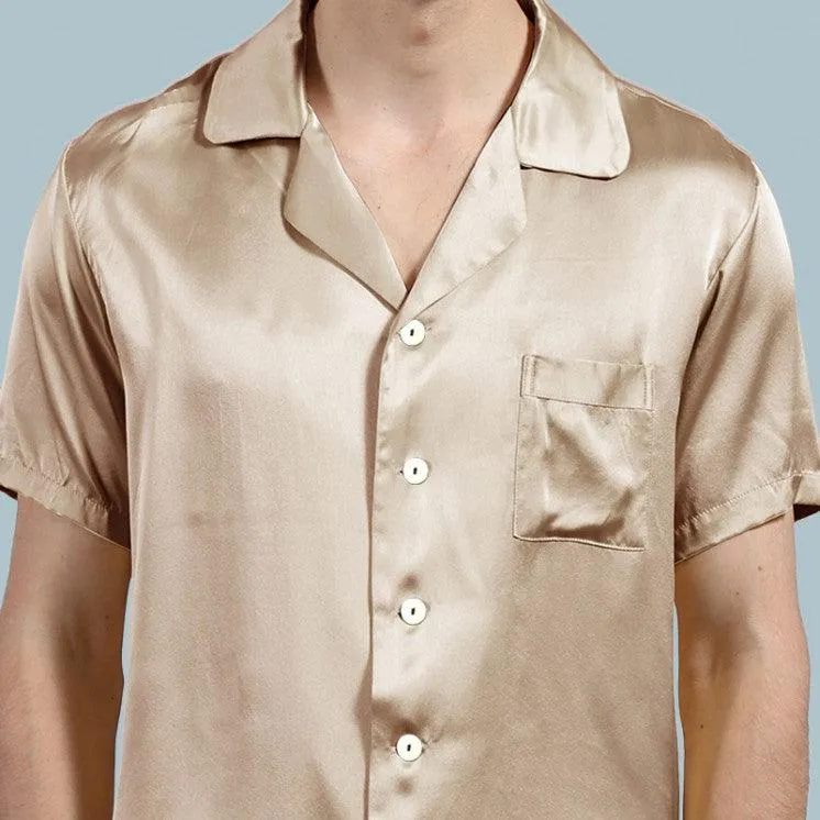 100% Silk Short Sleeve Pajamas Set Short Silk Nightwear For Men