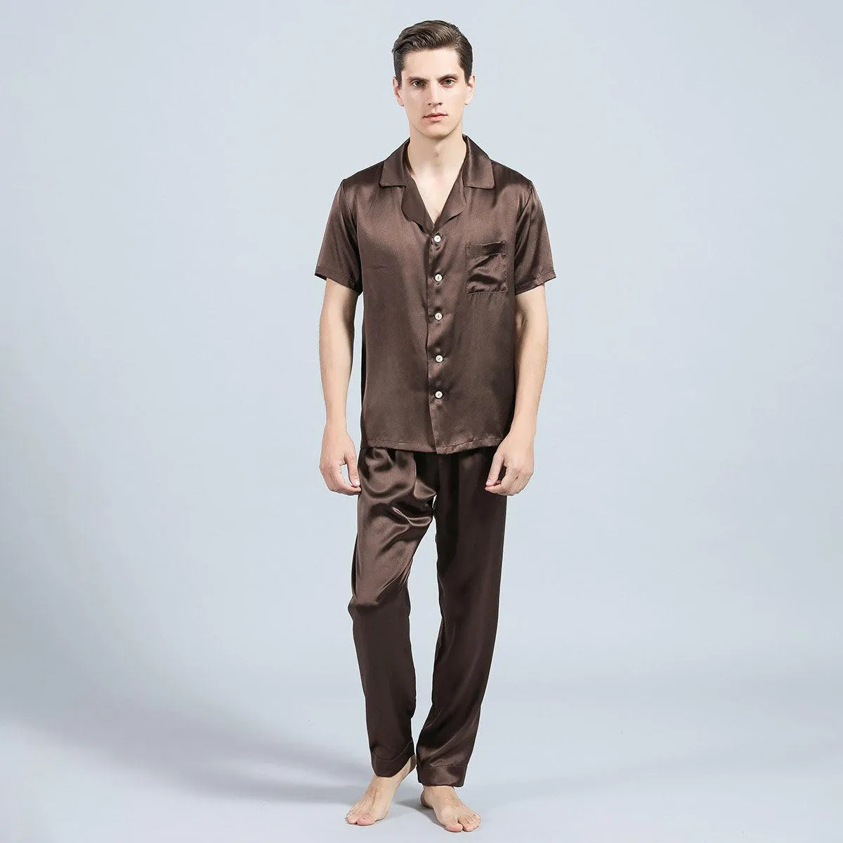 100% Silk Short Sleeve Pajamas Set Short Silk Nightwear For Men