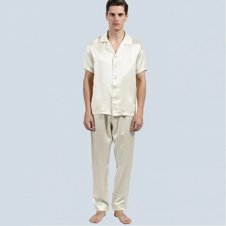 100% Silk Short Sleeve Pajamas Set Short Silk Nightwear For Men