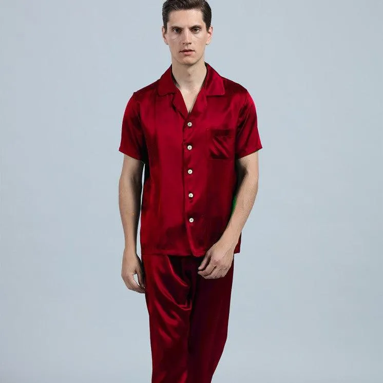 100% Silk Short Sleeve Pajamas Set Short Silk Nightwear For Men