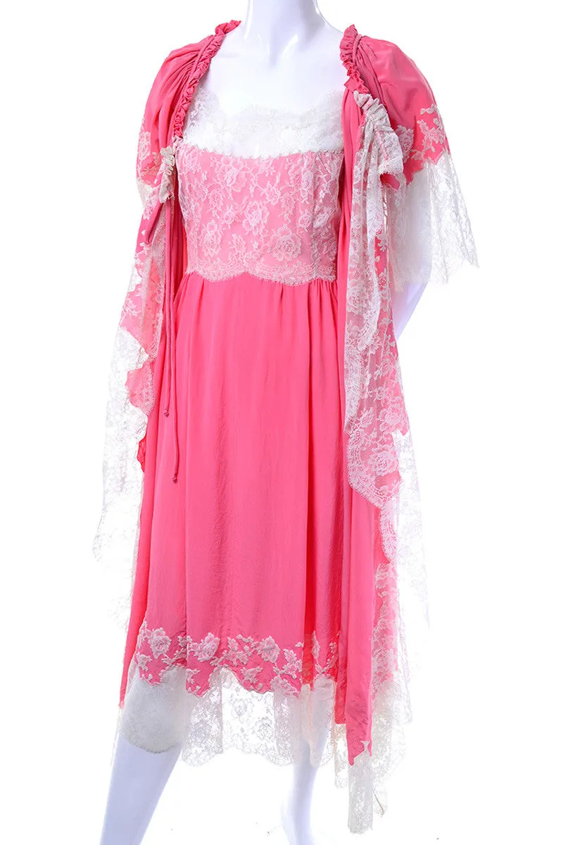 1960's Rare Vintage Pink Peignoir Set Robe and Nightgown with Lace M/L