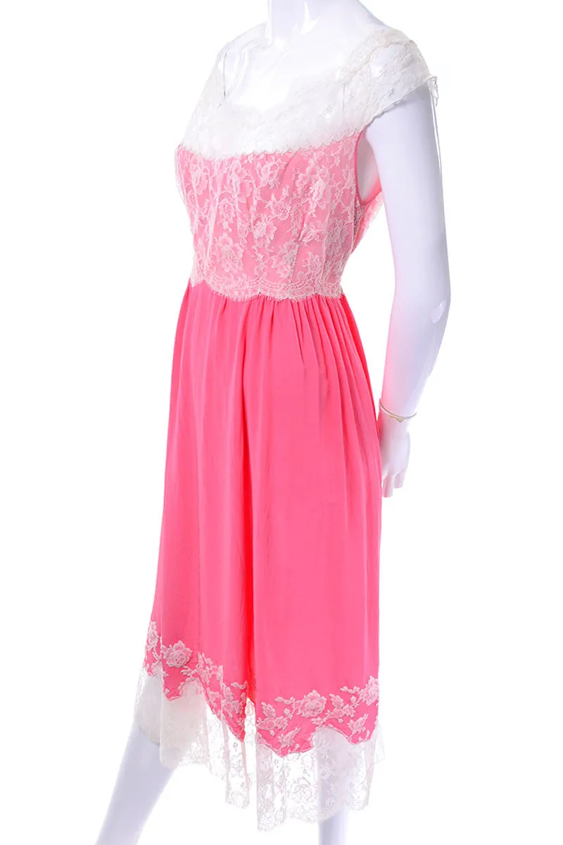 1960's Rare Vintage Pink Peignoir Set Robe and Nightgown with Lace M/L