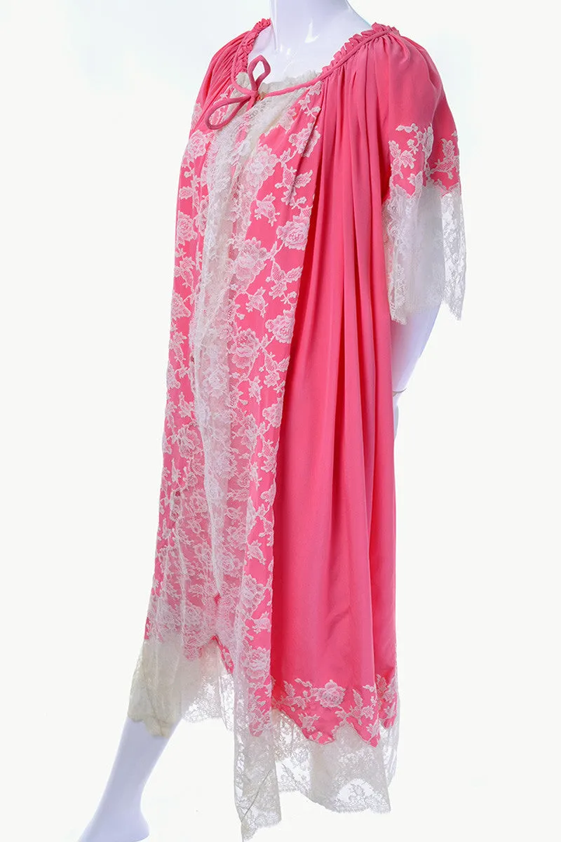 1960's Rare Vintage Pink Peignoir Set Robe and Nightgown with Lace M/L