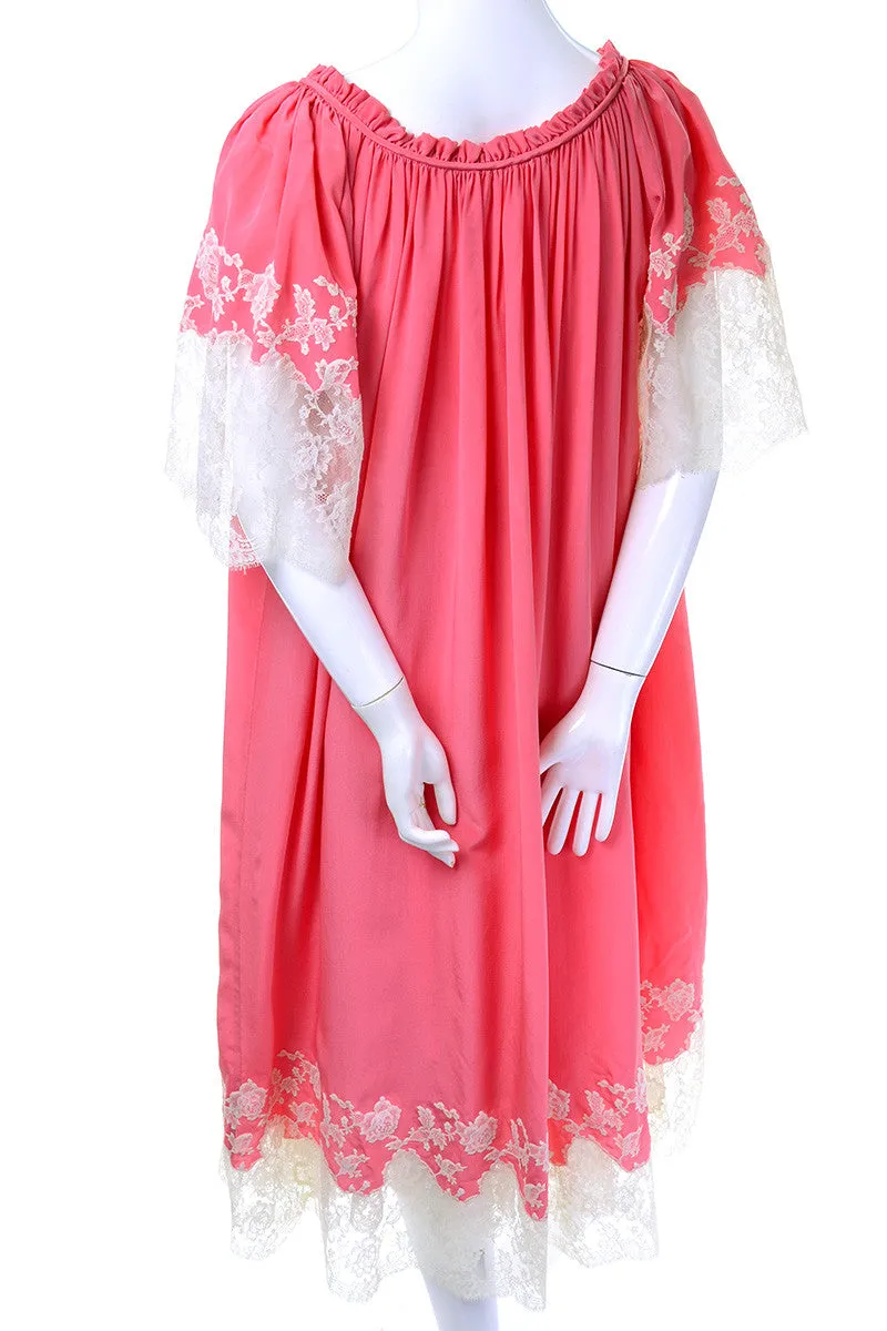 1960's Rare Vintage Pink Peignoir Set Robe and Nightgown with Lace M/L