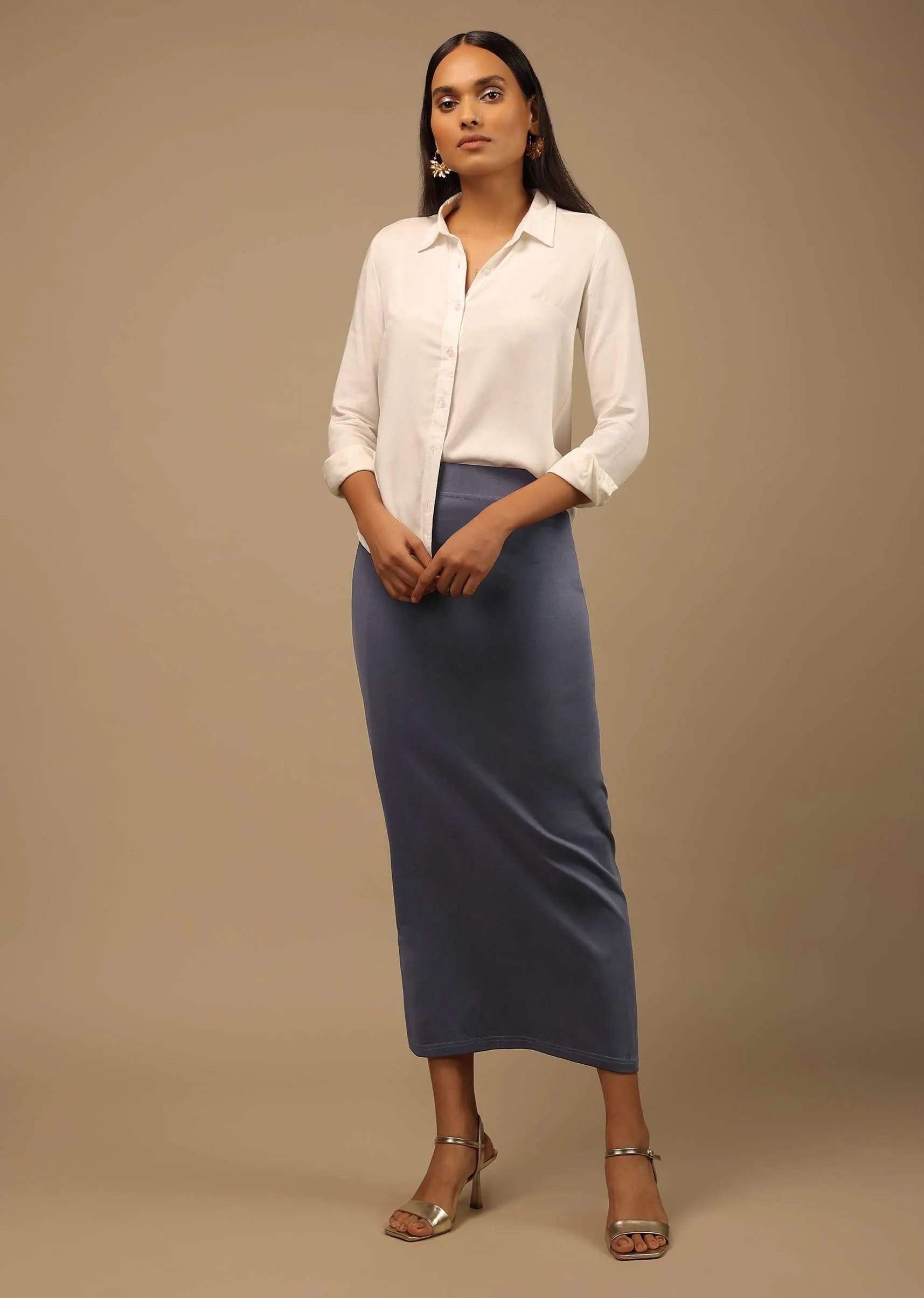 Ash Grey Shapewear Saree Petticoat In Cotton Lycra With Elastic Waistband And Slit