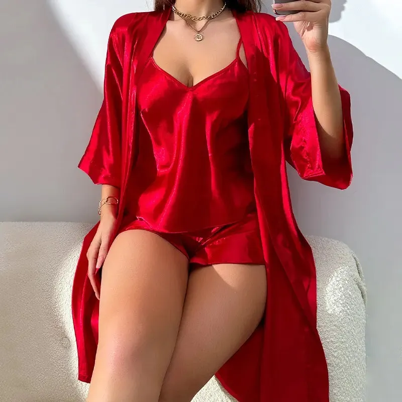 Autumn New Women's Silk Pajamas Sexy Fashion Pajamas Set And Simple Robe Three Piece Women's Loungewear