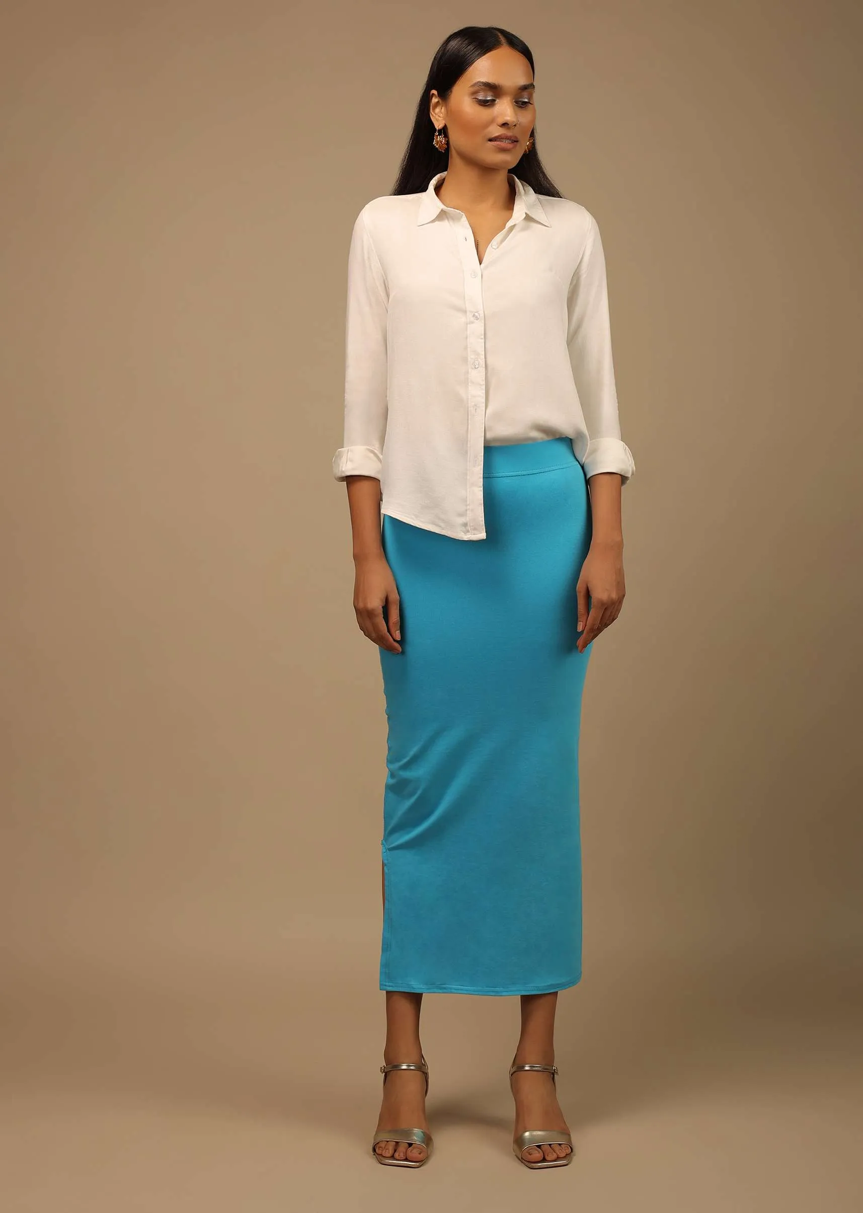 Azure Blue Shapewear Saree Petticoat In Cotton Lycra With Elastic Waistband And Slit