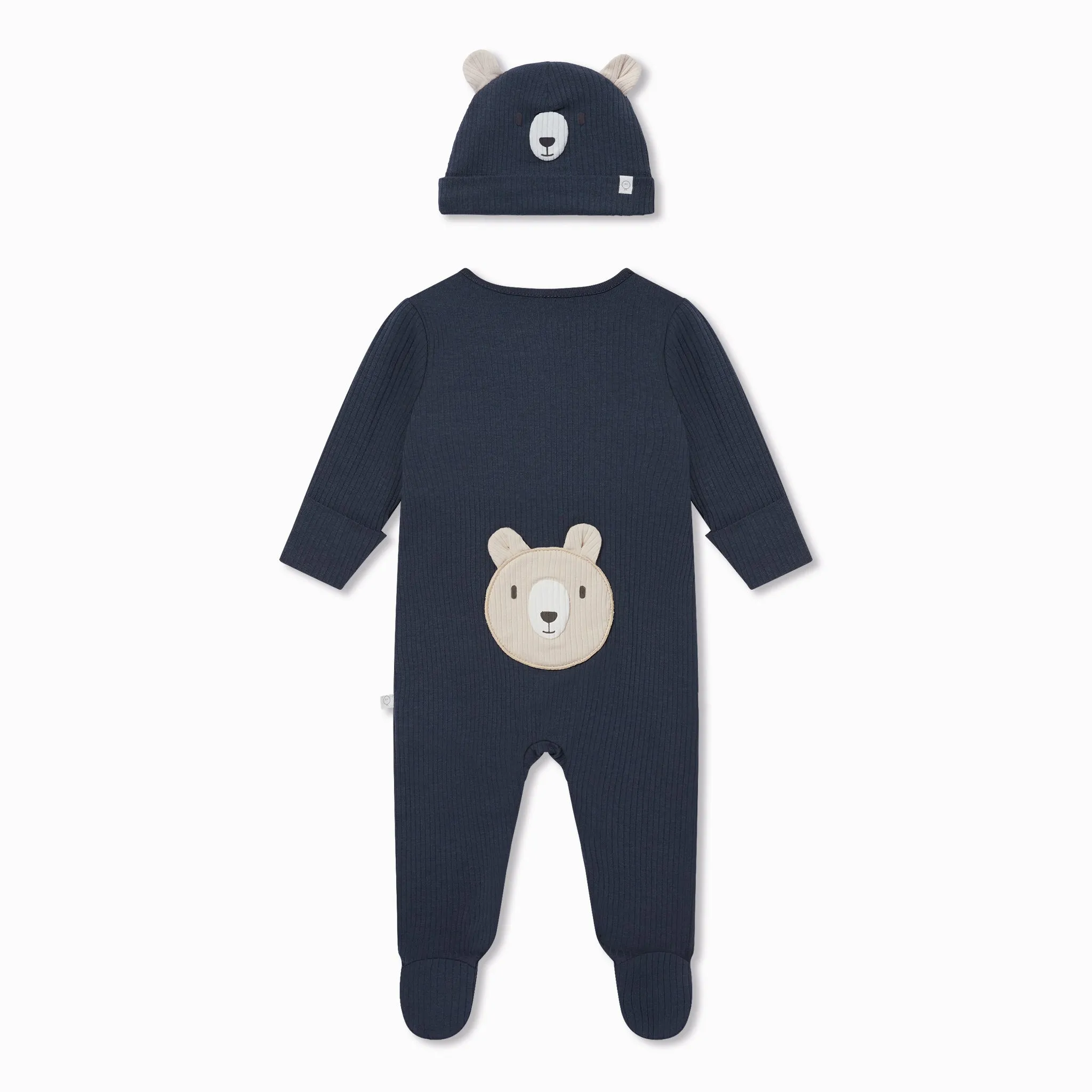 Bear Ribbed  Baby Pajamas & Hat Set