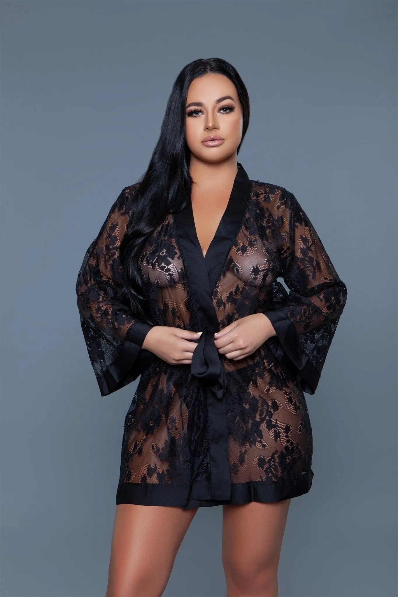BeWicked Women's Delia Robe Floral Lace Robe with Satin Trimming 2275