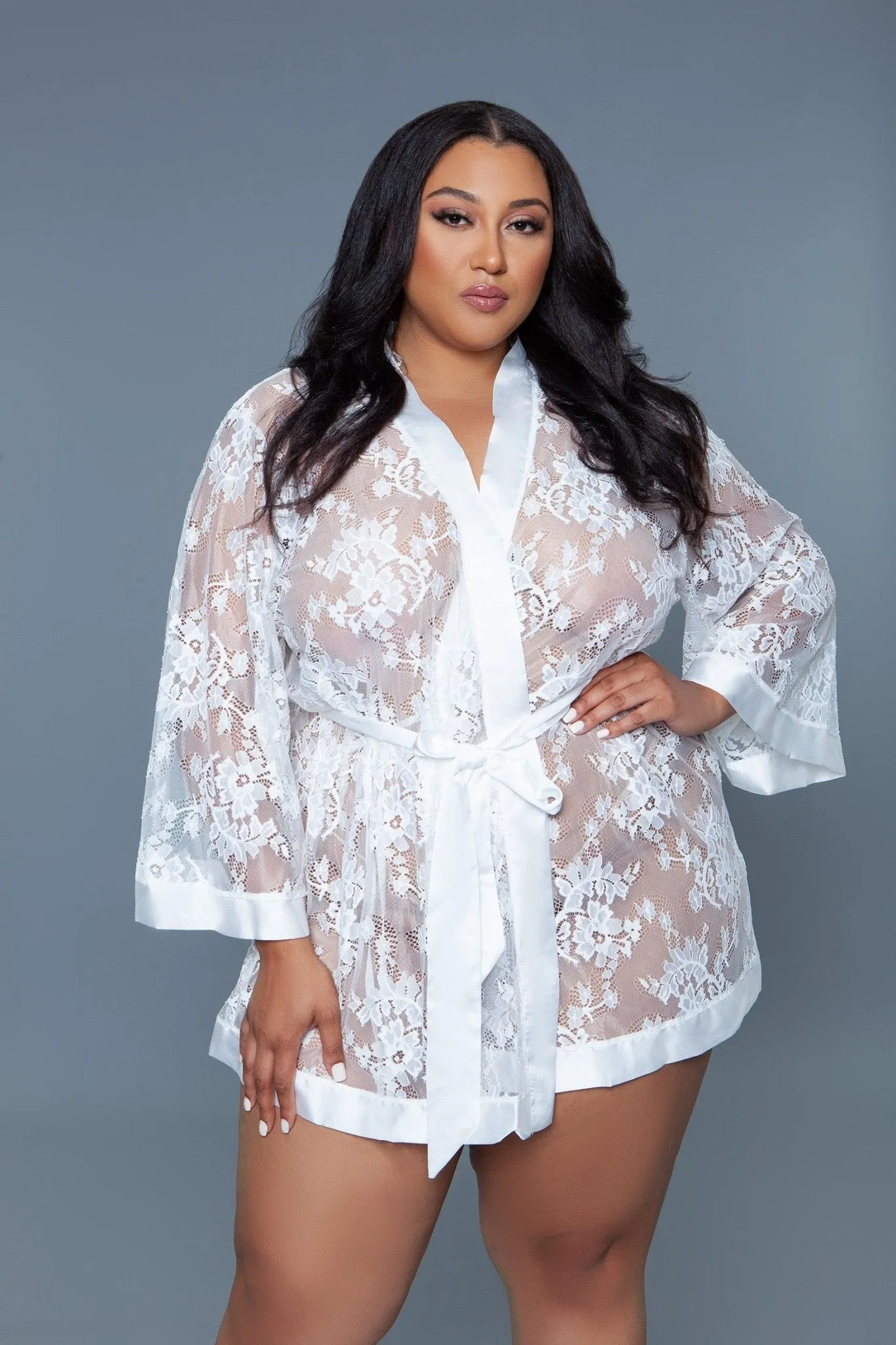 BeWicked Women's Delia Robe Floral Lace Robe with Satin Trimming 2275