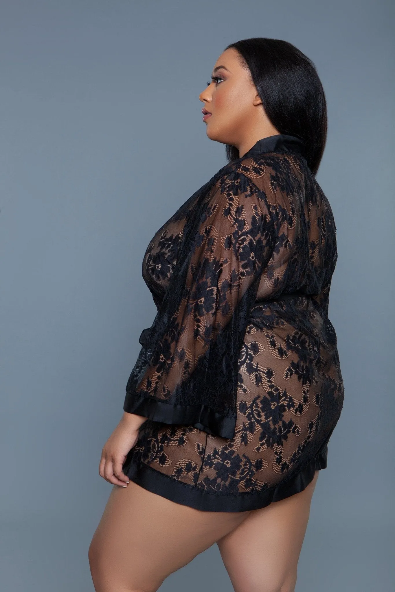 BeWicked Women's Delia Robe Floral Lace Robe with Satin Trimming 2275