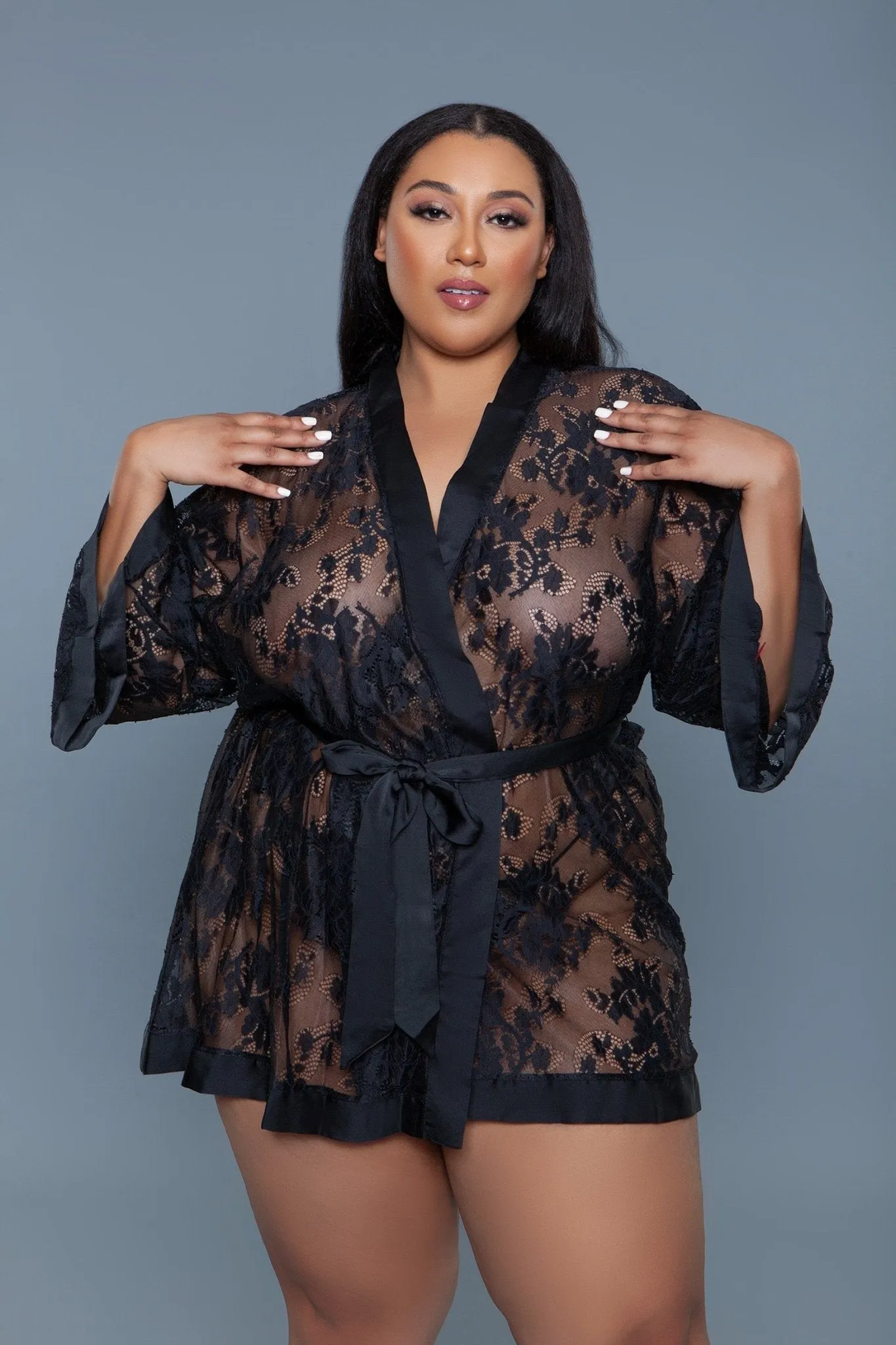 BeWicked Women's Delia Robe Floral Lace Robe with Satin Trimming 2275