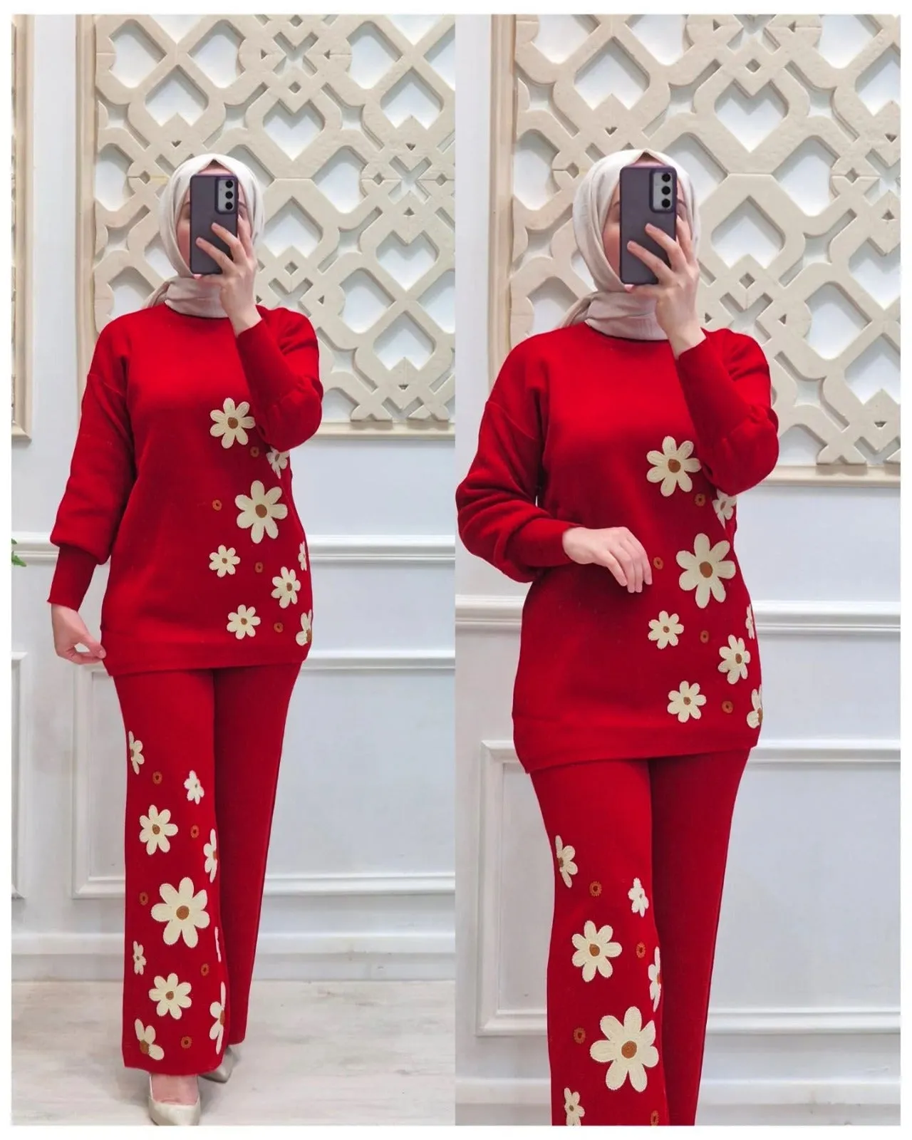 Drop Shoulder Side Printed Fleece Top With Printed Fleece Trouser 2Pcs
