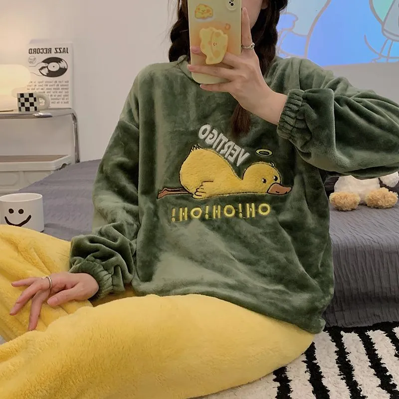 Duck Cute Pajamas Casual Long Sleeve Crew Neck Suit Cartoon Homewear