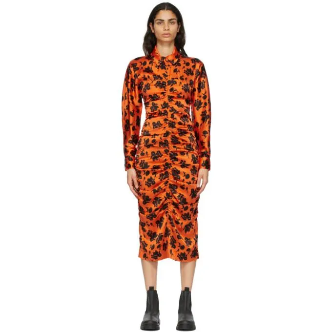 GANNI Orange and Black Silk Fitted Dress