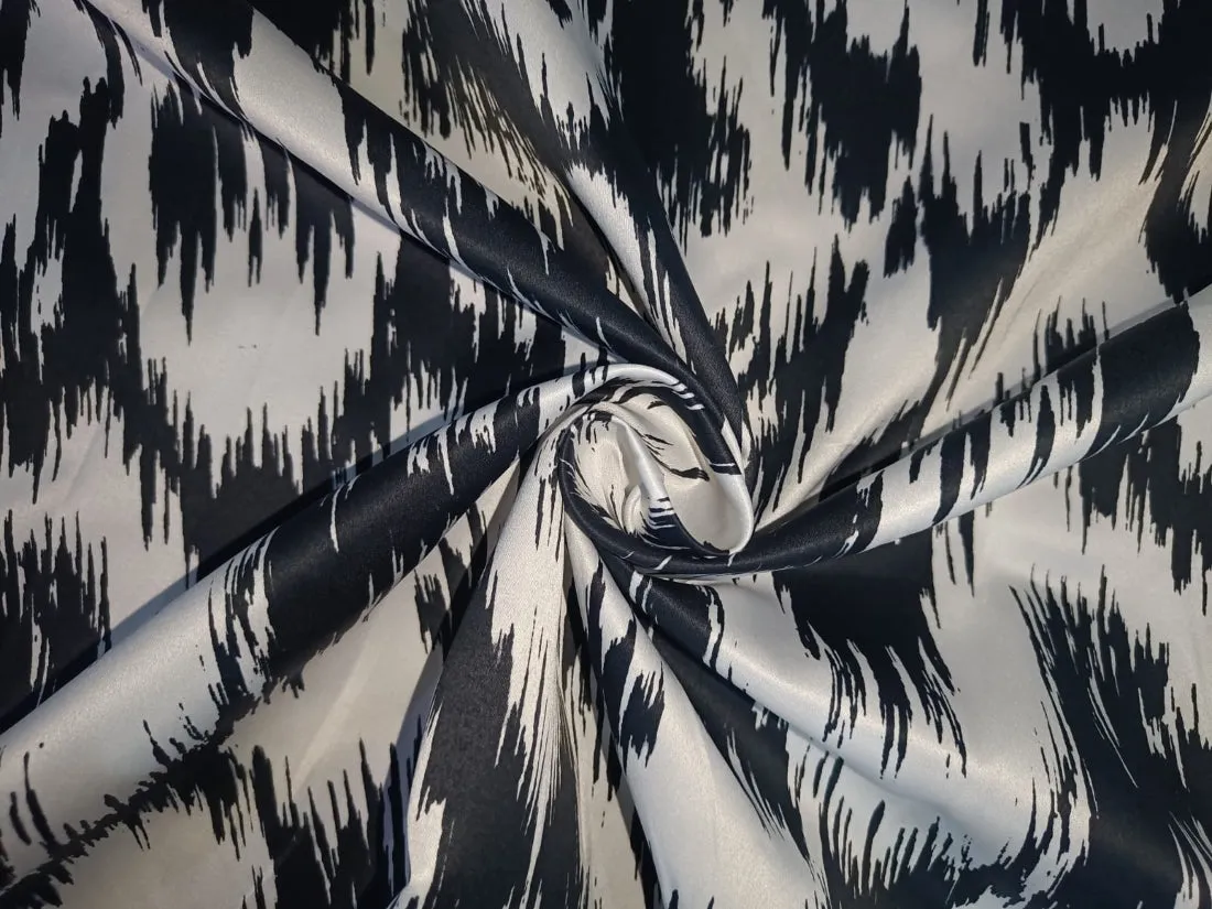 Heavy satin fabric white ivory color with black ikat print 58" wide [12950]