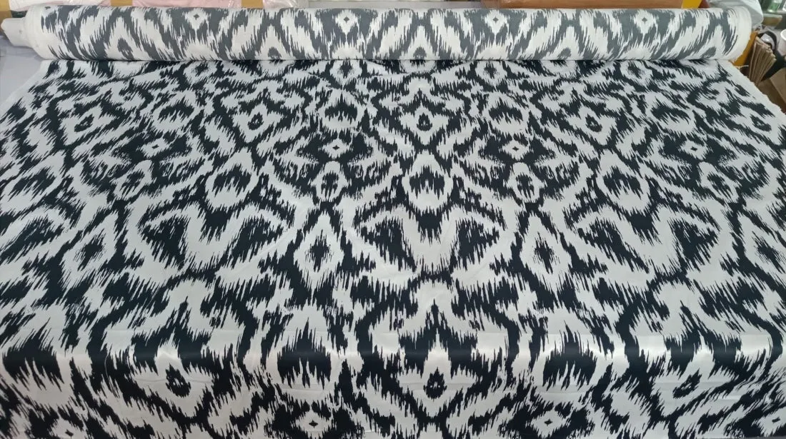 Heavy satin fabric white ivory color with black ikat print 58" wide [12950]