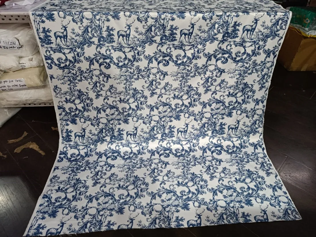 Heavy satin fabric white ivory color with teal blue print 58" wide [12949]