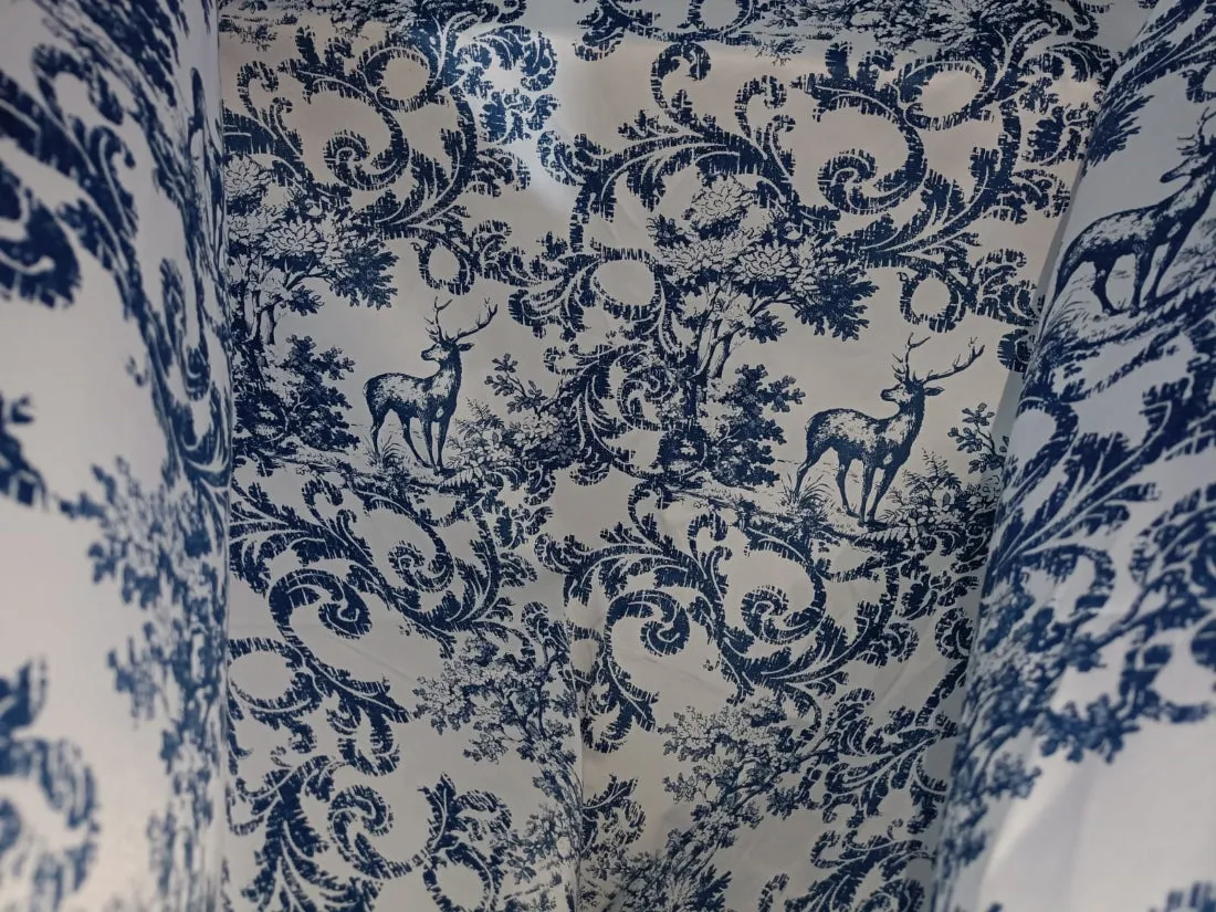 Heavy satin fabric white ivory color with teal blue print 58" wide [12949]
