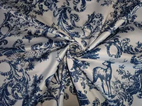 Heavy satin fabric white ivory color with teal blue print 58" wide [12949]