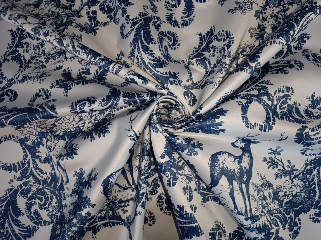 Heavy satin fabric white ivory color with teal blue print 58" wide [12949]