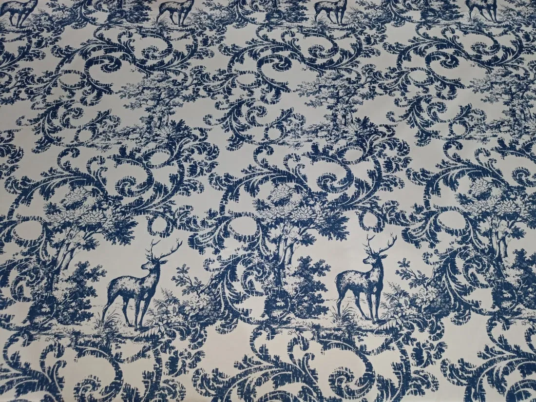 Heavy satin fabric white ivory color with teal blue print 58" wide [12949]