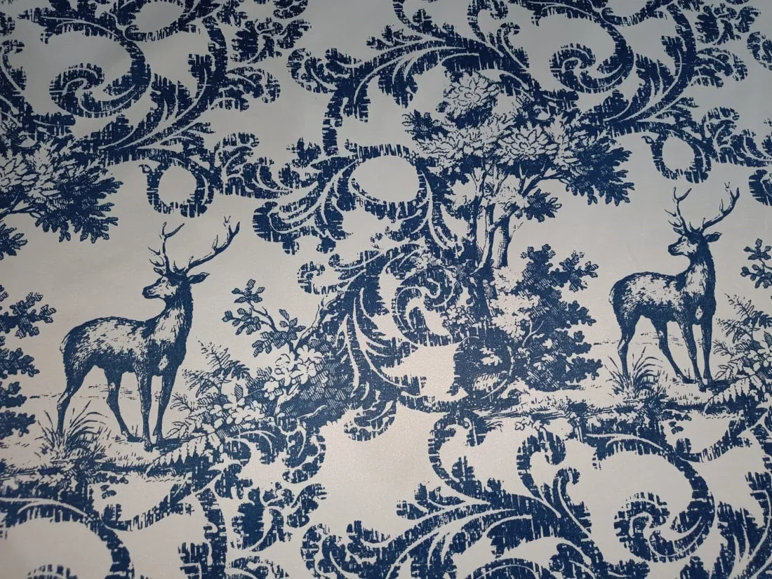 Heavy satin fabric white ivory color with teal blue print 58" wide [12949]