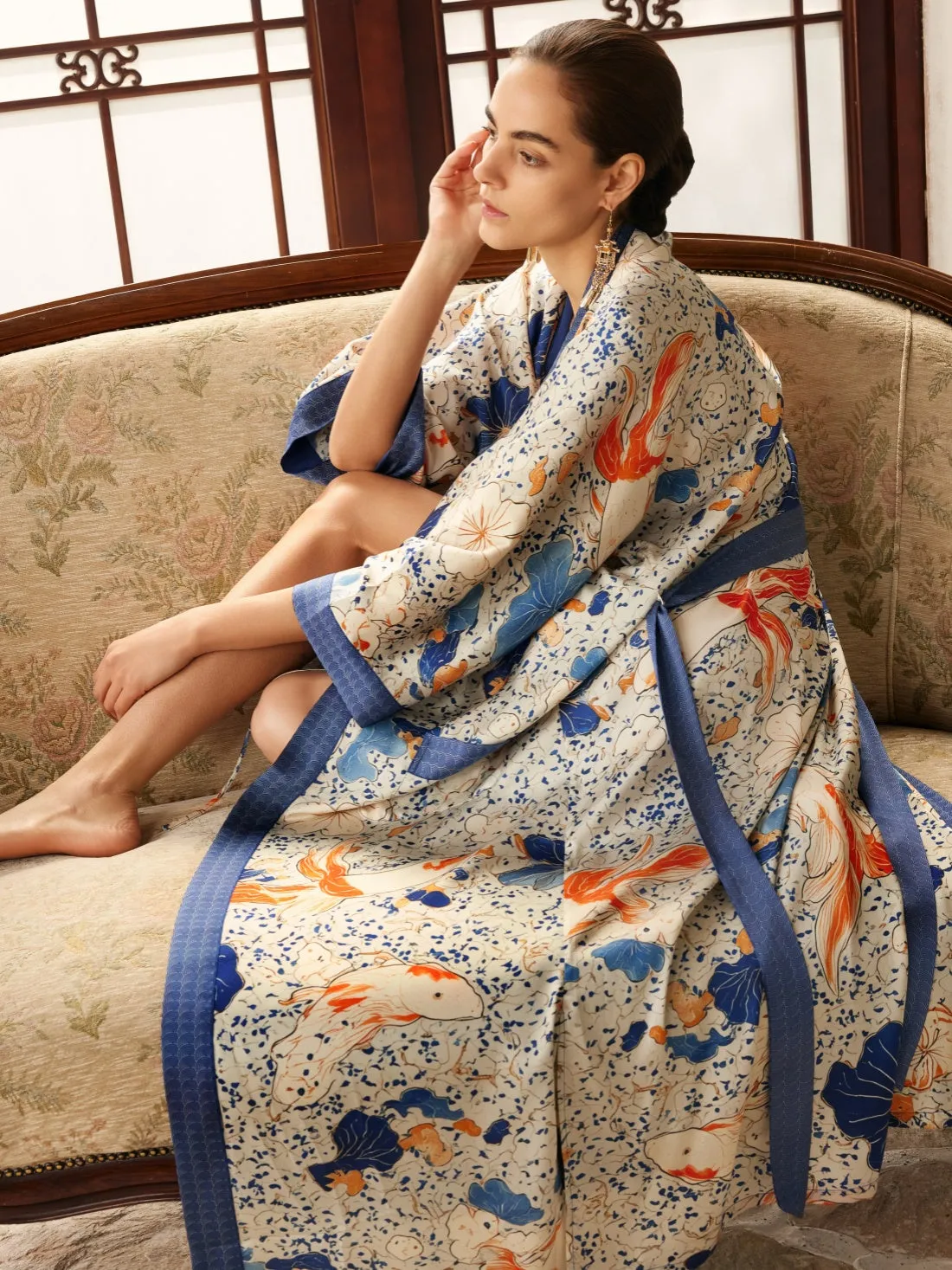 Koi & Lotus Dreamscape Kimono Robe with Elegant Pockets