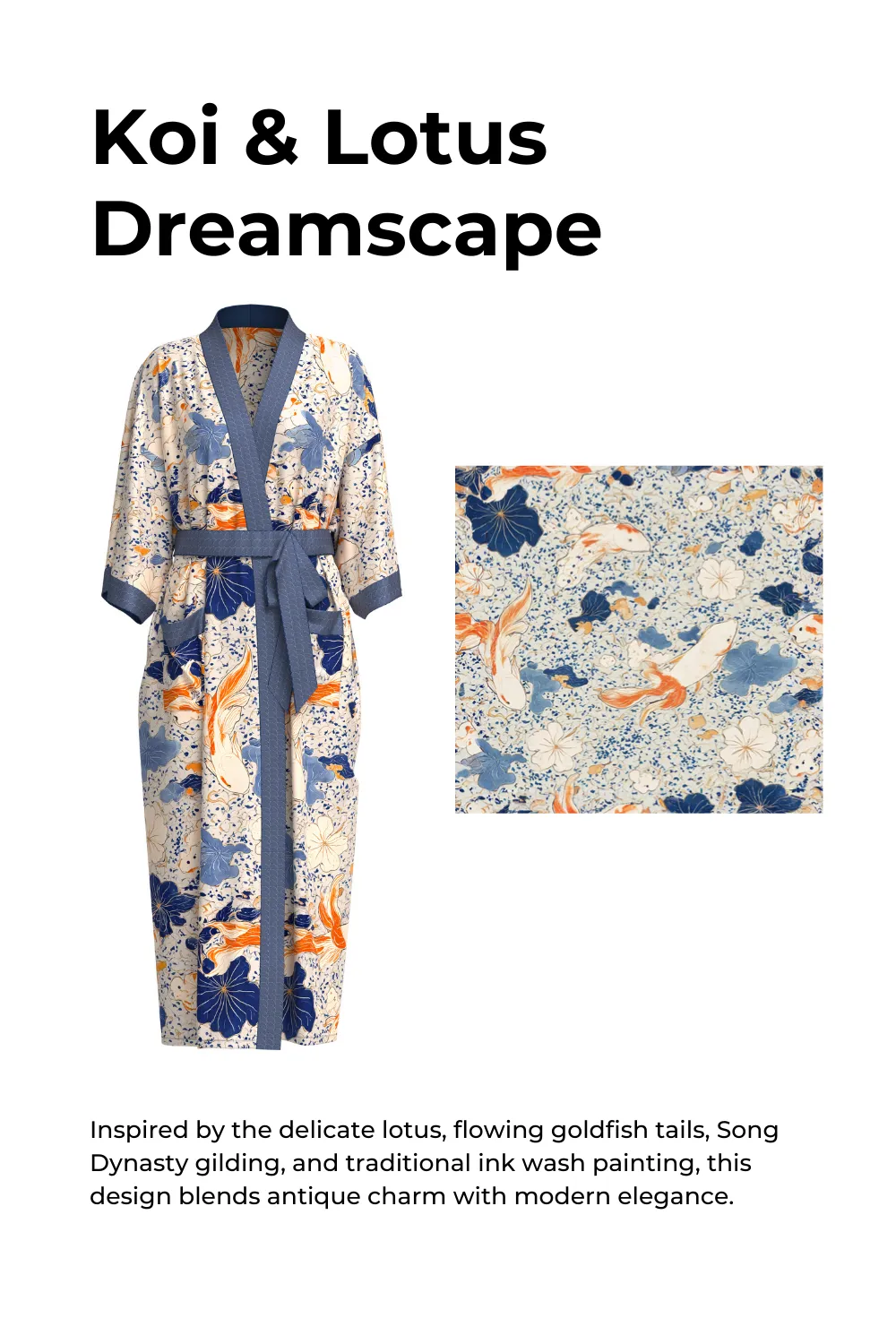Koi & Lotus Dreamscape Kimono Robe with Elegant Pockets
