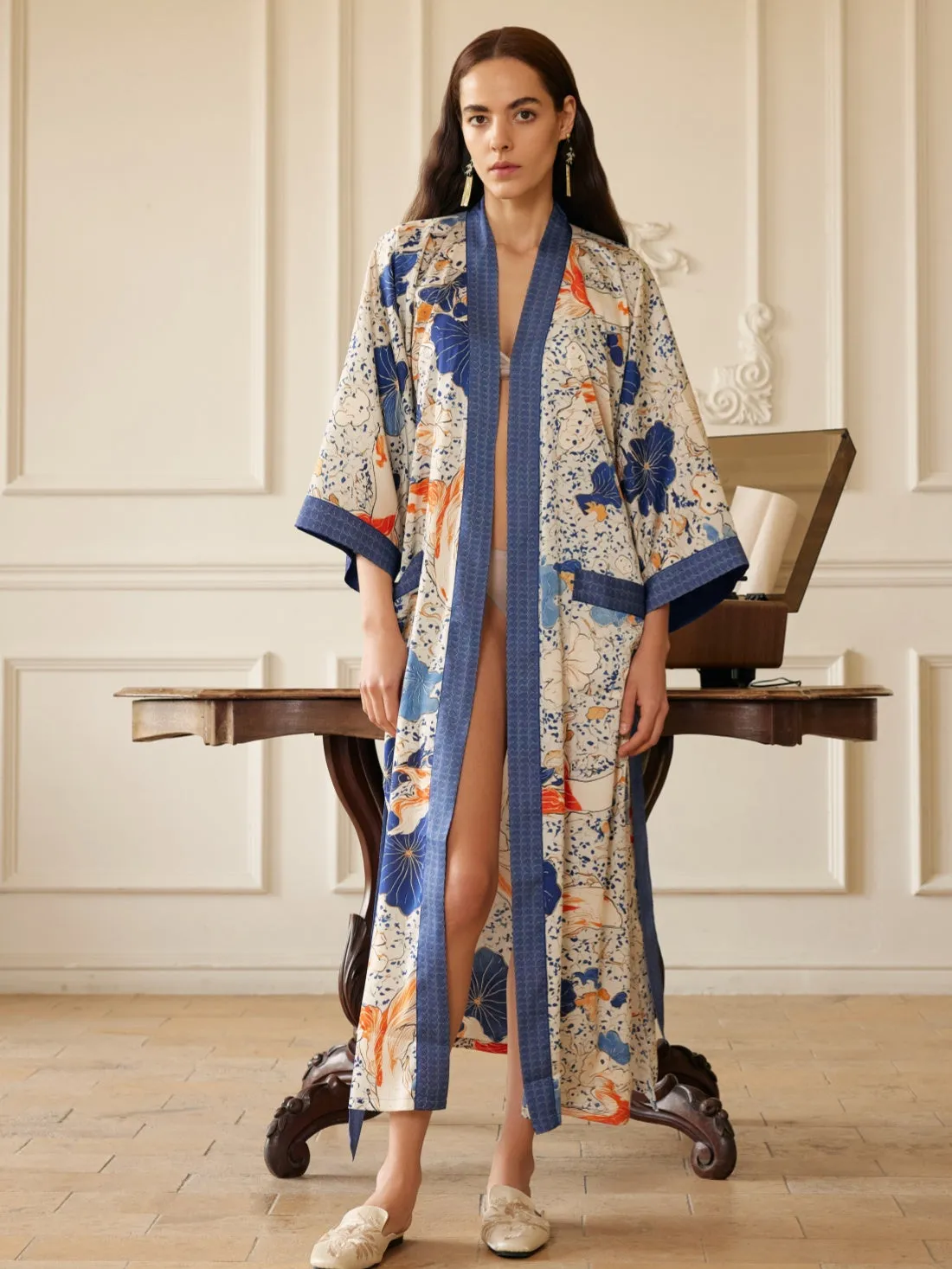 Koi & Lotus Dreamscape Kimono Robe with Elegant Pockets