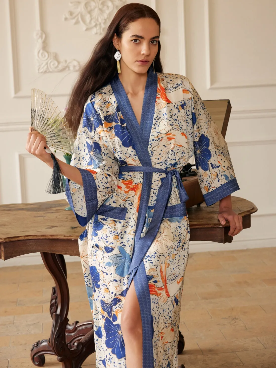 Koi & Lotus Dreamscape Kimono Robe with Elegant Pockets
