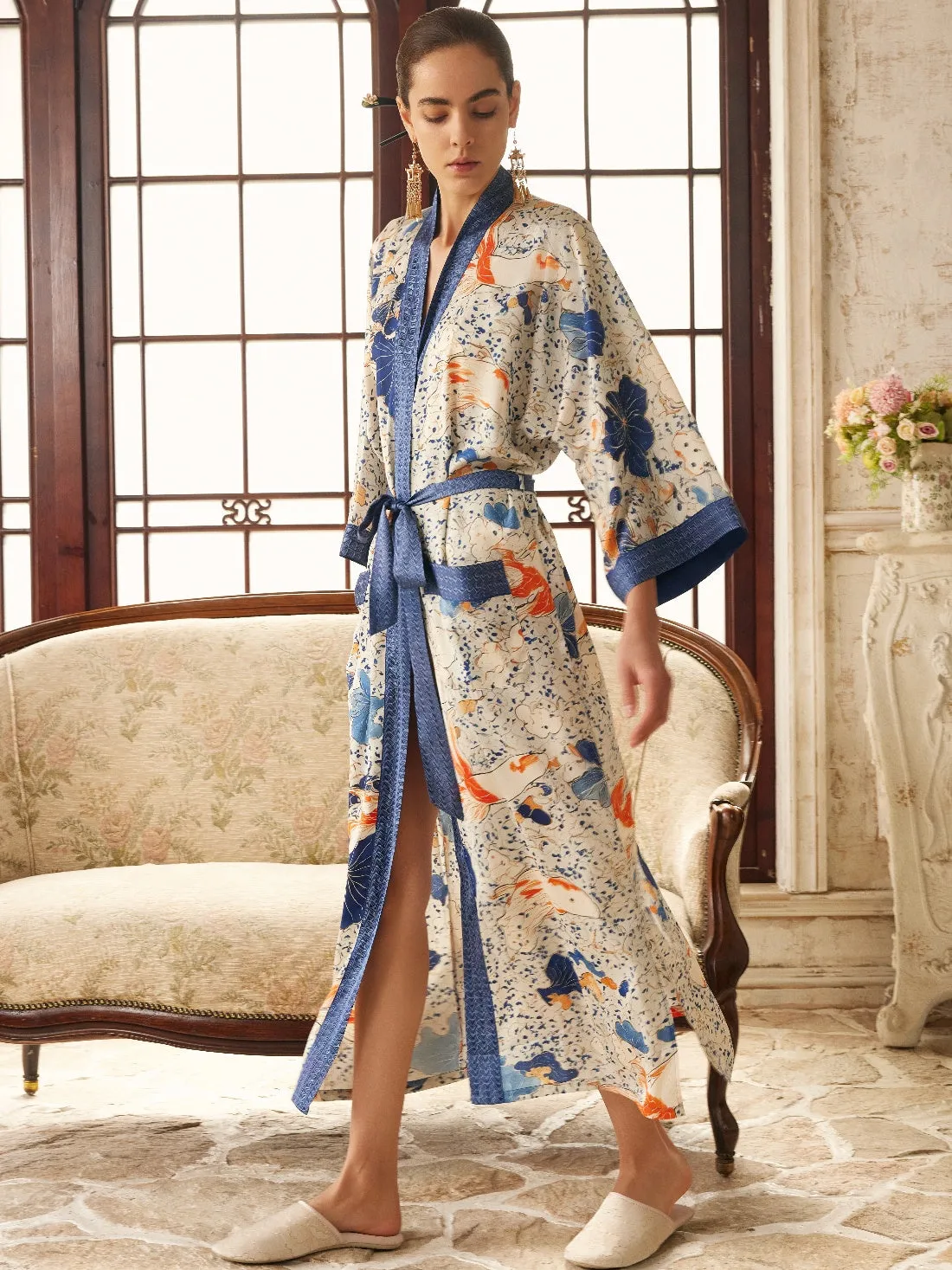 Koi & Lotus Dreamscape Kimono Robe with Elegant Pockets
