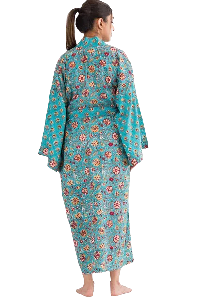 Long Kimono Robe - Turquoise & Gold