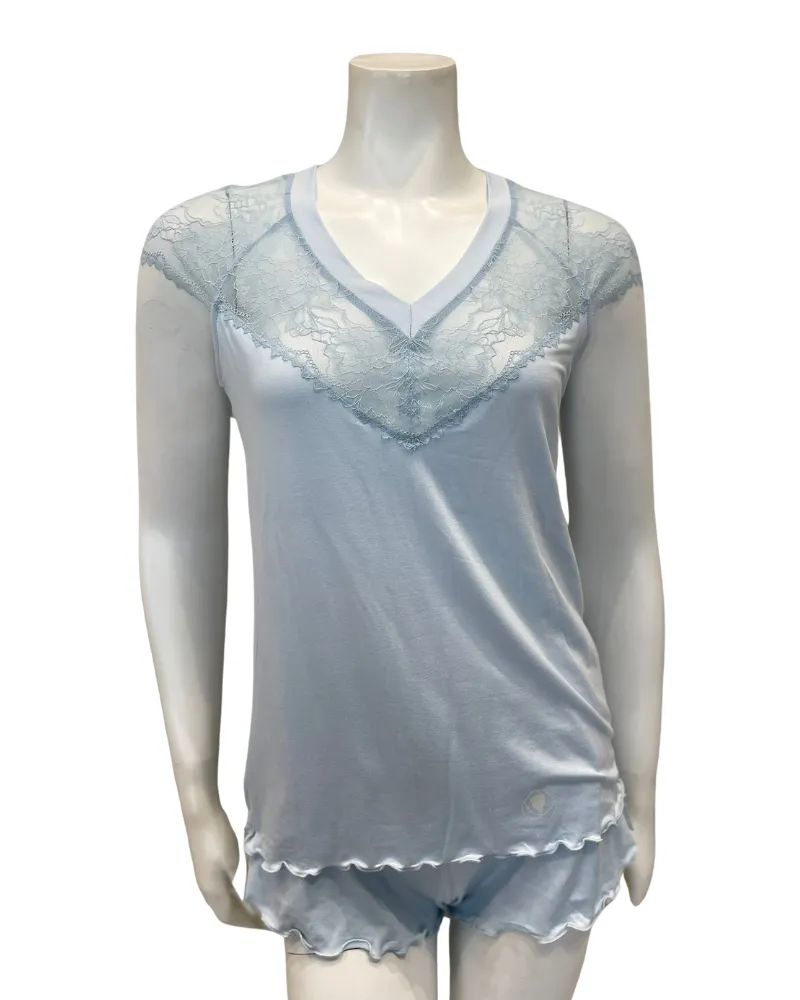 M4208 Light Blue V Lace Cap Sleeve Shorts Modal Pajamas Set
