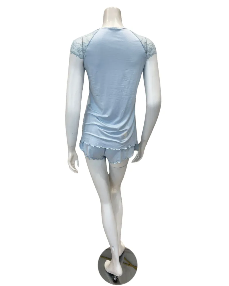M4208 Light Blue V Lace Cap Sleeve Shorts Modal Pajamas Set