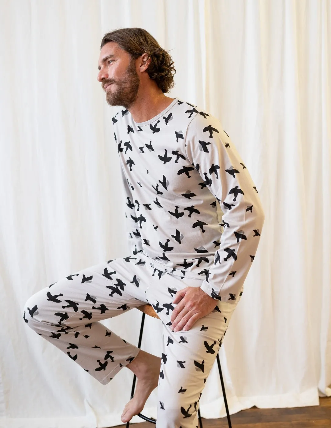 Mens Loose Fit Grey Bird Pajamas
