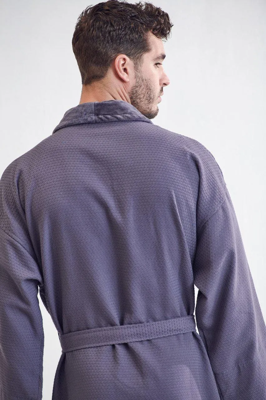 Men's Waffle Cotton Turkish Velour Shawl Collar Bathrobe, Luxury Fabric & Comfort, (Charcoal Gray)