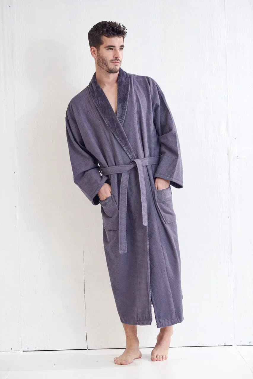 Men's Waffle Cotton Turkish Velour Shawl Collar Bathrobe, Luxury Fabric & Comfort, (Charcoal Gray)