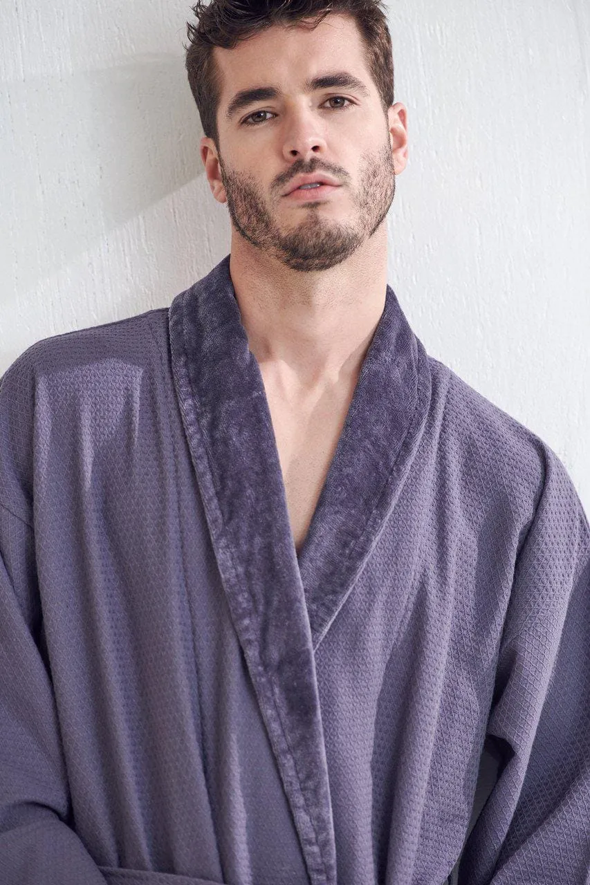 Men's Waffle Cotton Turkish Velour Shawl Collar Bathrobe, Luxury Fabric & Comfort, (Charcoal Gray)