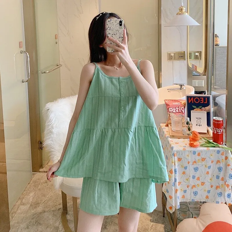 PIN GROUPS Ani Kang |2024 Candy Color Gauze Cotton Lingerie Pajamas Set 2 Piece Summer Pyjamas Sleeveless Sleep Tops And Shorts Sleepwear Suit