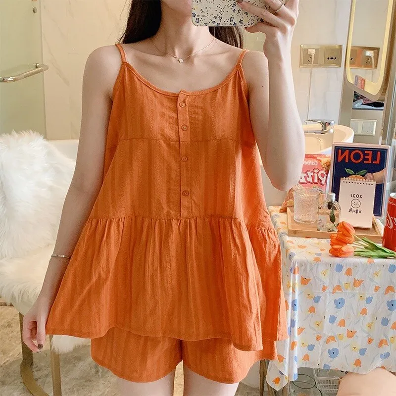 PIN GROUPS Ani Kang |2024 Candy Color Gauze Cotton Lingerie Pajamas Set 2 Piece Summer Pyjamas Sleeveless Sleep Tops And Shorts Sleepwear Suit