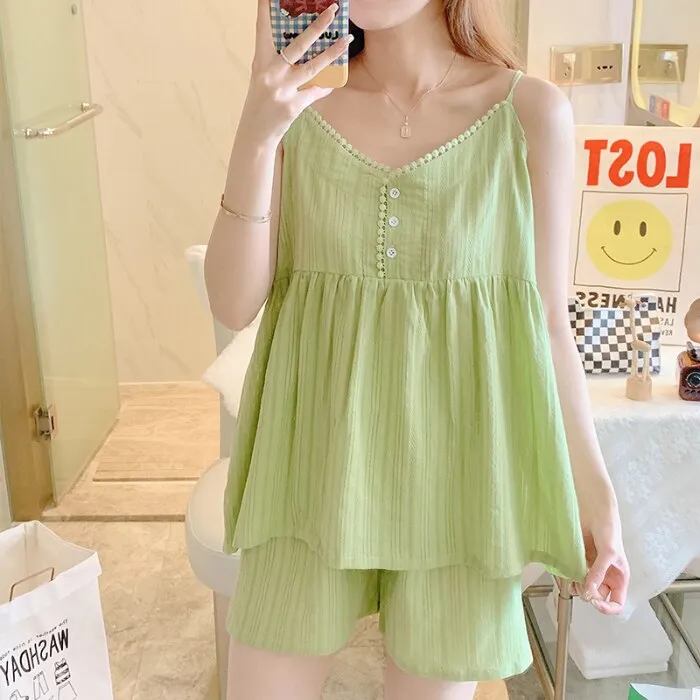 PIN GROUPS Ani Kang |2024 Candy Color Gauze Cotton Lingerie Pajamas Set 2 Piece Summer Pyjamas Sleeveless Sleep Tops And Shorts Sleepwear Suit