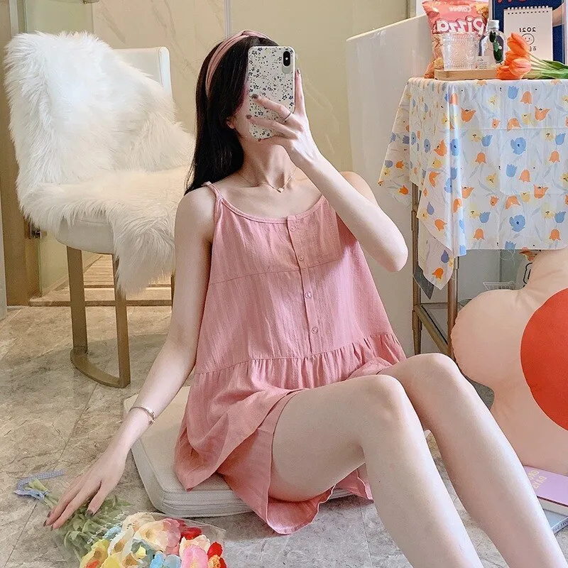 PIN GROUPS Ani Kang |2024 Candy Color Gauze Cotton Lingerie Pajamas Set 2 Piece Summer Pyjamas Sleeveless Sleep Tops And Shorts Sleepwear Suit