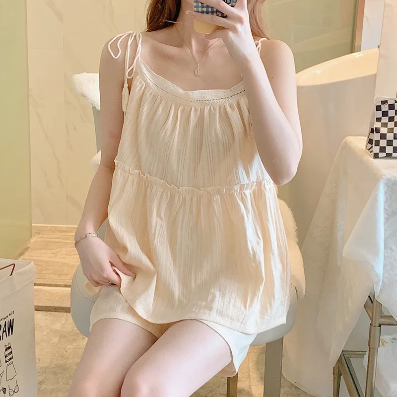PIN GROUPS Ani Kang |2024 Candy Color Gauze Cotton Lingerie Pajamas Set 2 Piece Summer Pyjamas Sleeveless Sleep Tops And Shorts Sleepwear Suit