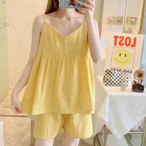 PIN GROUPS Ani Kang |2024 Candy Color Gauze Cotton Lingerie Pajamas Set 2 Piece Summer Pyjamas Sleeveless Sleep Tops And Shorts Sleepwear Suit