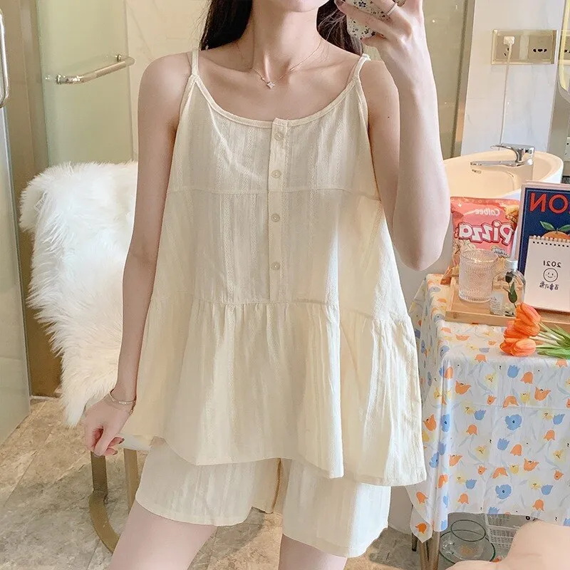 PIN GROUPS Ani Kang |2024 Candy Color Gauze Cotton Lingerie Pajamas Set 2 Piece Summer Pyjamas Sleeveless Sleep Tops And Shorts Sleepwear Suit