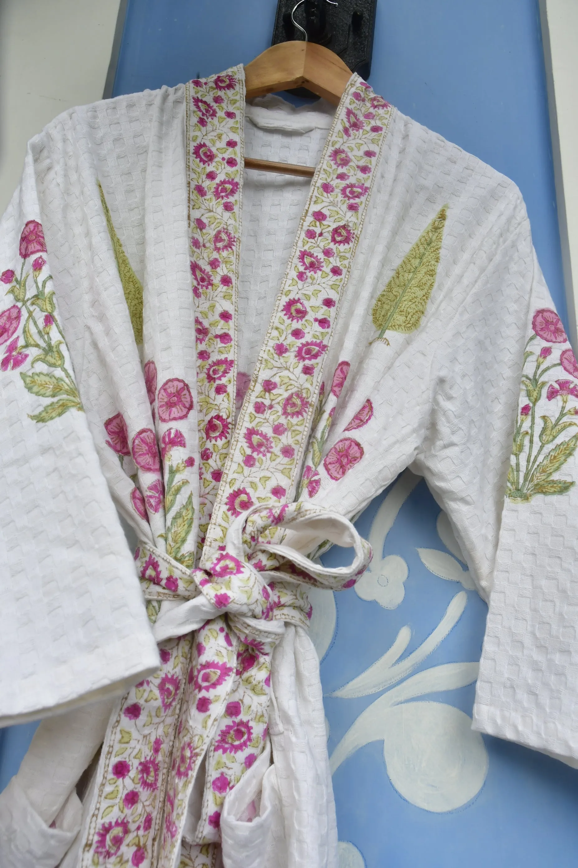 Pink floral and Green Cypress Leaf Premium HandBlock Bathrobe